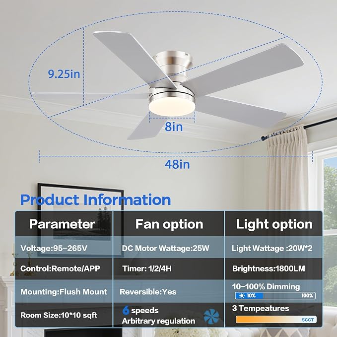Ayaoty Flush Mount Low Profile Ceiling Fans with Lights - Modern Ceiling Fan with LED Dimming, Timer, 6Wind Speeds, Indoor Fan Light Fixture for Bedroom, Kitchen, Nickel