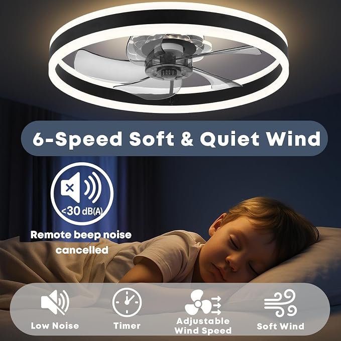 FSZDORJ 20'' Ceiling Fan with Light and Remote, Low Profile Ceiling Fan with Light, Dimmable Flush Mount Ceiling Fan Light, 6 Speeds Fan, App&Remote Control, Fandelier Quiet Fan for Bedroom F105 Black