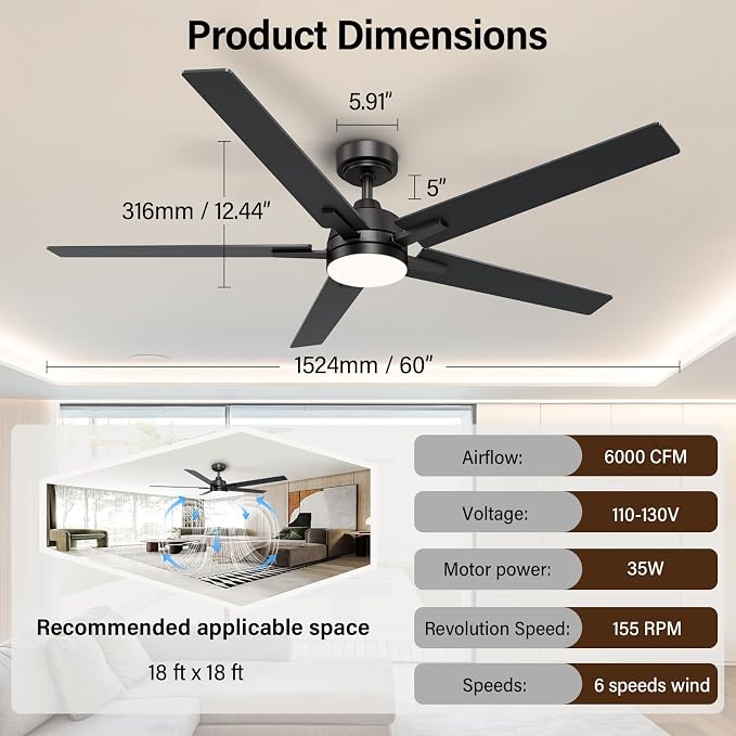 60 Inch Black Ceiling Fans with Lights and Remote, Reversible, 3CCT, Dimmable, Noiseless, Large Ceiling Fan for Bedroom, Living Room and Patio, Indoor/Outdoor Use