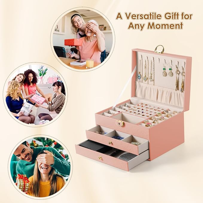 coobest 3 Layer Jewelry Box, Jewelry Holder with Lockable Drawer, Large Jewelry Boxes & Organizer with Velvet Earring Holder, Gifts for Mom Women