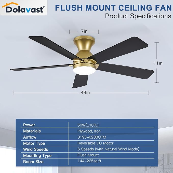 Ceiling Fans with Lights and Remote, 48 Inch Ceiling Fan with Light, Low Profile, Reversible, Dimmable LED, Flush Mount, Quiet, DC Motor, Gold Ceiling Fan for Bedroom, Kitchen, Dining Room