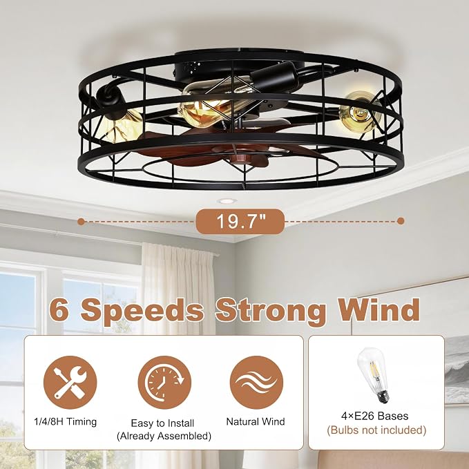 TCL 20 Inch Caged Ceiling Fans with Lights and Remote, Fandelier Ceiling Fan,Low Profile Flush Mount Fandelier, Rustic Farmhouse Style for Kitchen,Bedroom,Living Room,Easy to Install