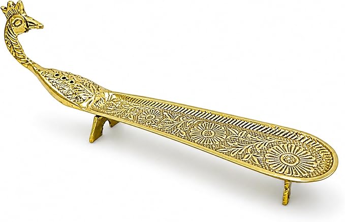 Putrika Brass Incense Stick Holder | Agarbatti Burner with Ash Catcher | Dhoop Batti Stand for Puja | Pooja Use – Peacock Engraved Design [24cm, 170g]