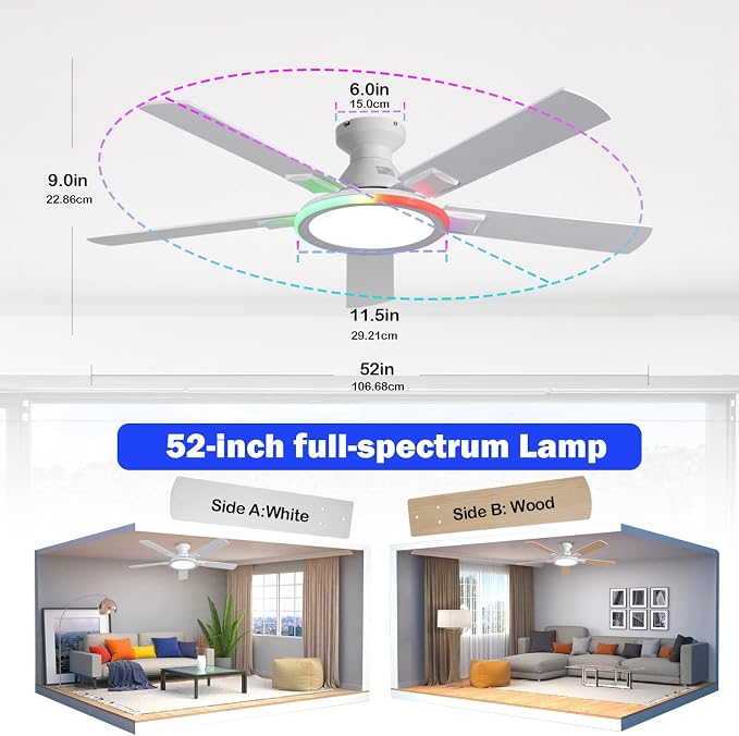 52" Ceiling Fans with Lights,Flush Mount Ceiling Fan with Light and Remote/App Control.Bluetooth Ceiling Fan with Speaker,6-Speed Reversible Motor,Full-Spectrum Adjustable Lighting,Edge Ambient Lights