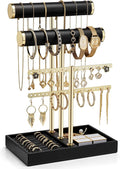 VLANDO 3 Tier Necklace Holder Organizer with Tray, Leather Bracelet Holder Display for Women, Gold Jewelry Stand for Bracelet, Necklace, Earrings, Rings - Black