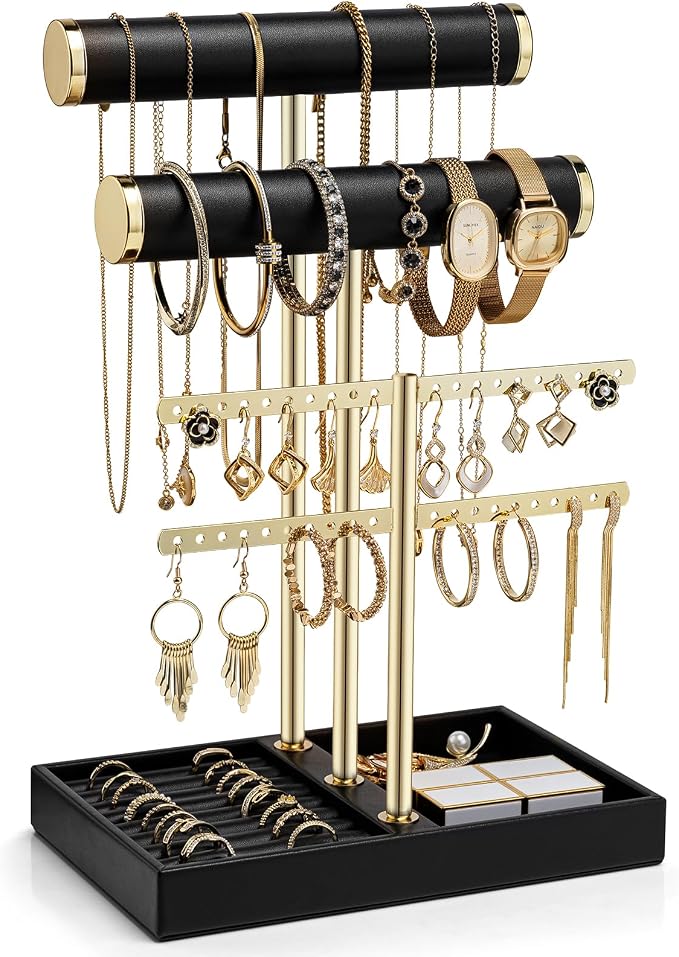 VLANDO 3 Tier Necklace Holder Organizer with Tray, Leather Bracelet Holder Display for Women, Gold Jewelry Stand for Bracelet, Necklace, Earrings, Rings - Black