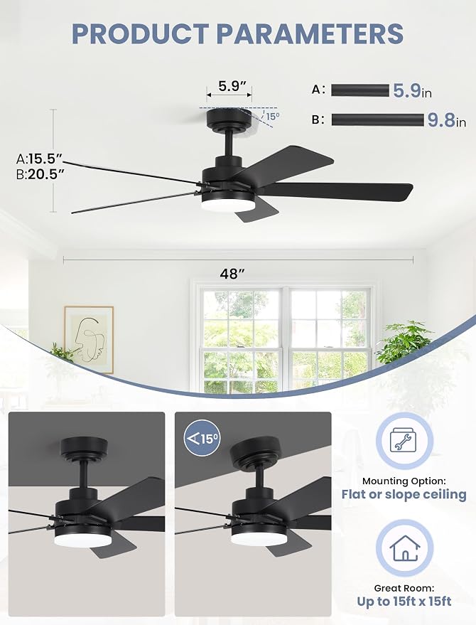 48 Inch Ceiling Fan with Lights and Remote, Downrod Mount, Sloped Ceiling Compatible up to 15°, Quiet Reversible DC Motor, 3CCT Dimmable LED, Black Ceiling Fan for Bedroom Living Room