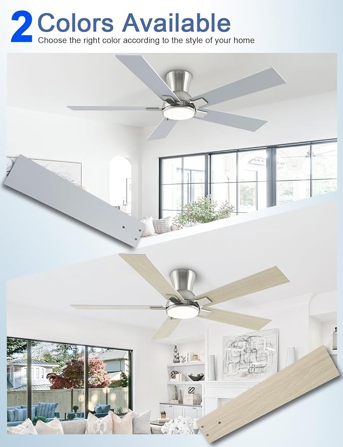 52 Inch Ceiling Fans with Lights and Remote, Brushed Nickel Flush Mount Low Profile Ceiling Fan for Bedroom, Patio, Reversible DC Motor, 6-Speed Quiet LED Dimmable, ETL Listed