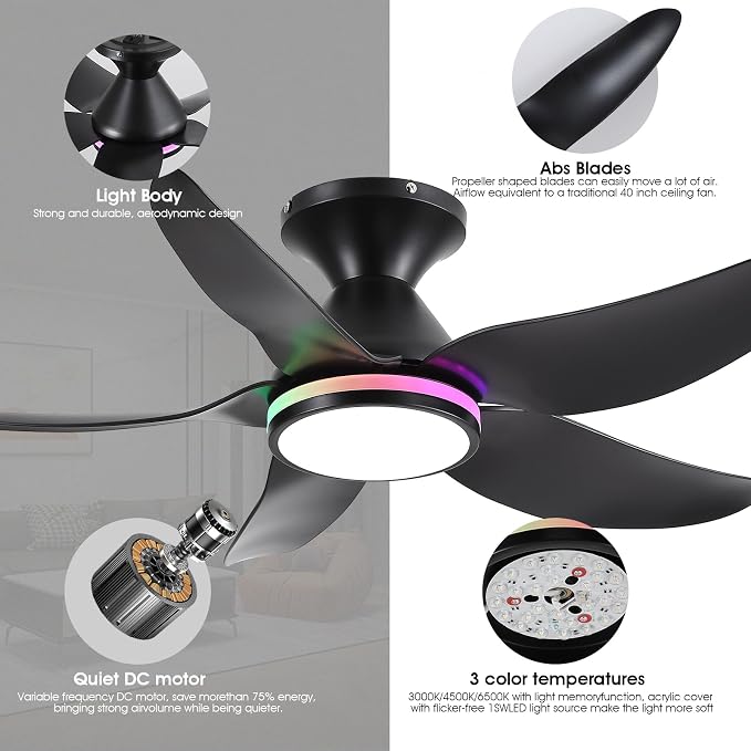 Kviflon Ceiling Fans with Lights Remote/APP Control, 38" Low Profile Ceiling Fans with Dimmable White Colors+ RGB Ring Lights, 6 Speeds 5 Reversible Blades for Kids Room Bedroom Living Room, Black