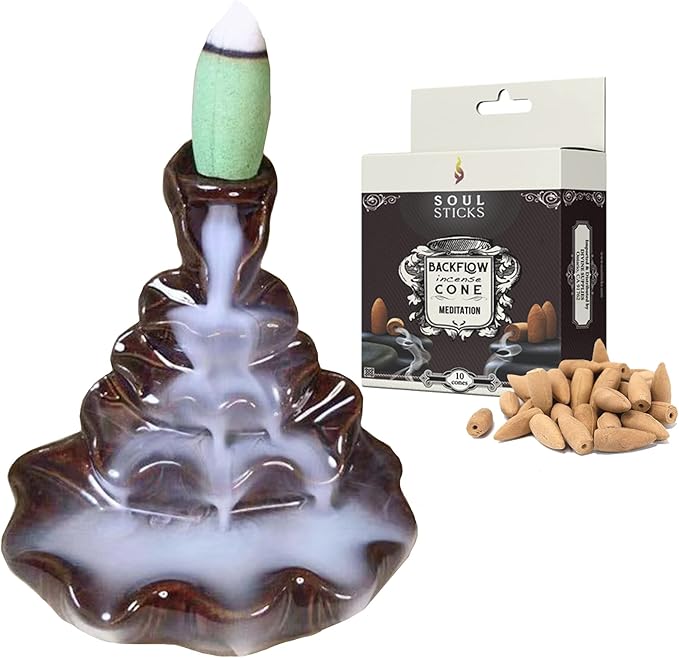 SOUL STICKS Backflow Incense Holder Burner Waterfall Fountain for Home, Office, Yoga, Room Decor & Aromatherapy with 1 Pack of 10 Backflow Fragrance Cones Included (Tranquility)