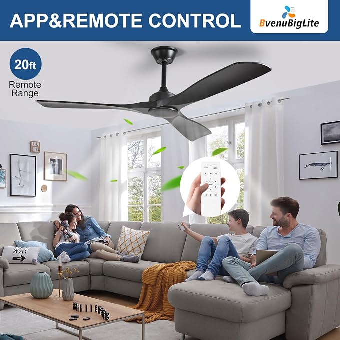 Ceiling Fan Without Light: 52 Inch Outdoor Fan for Patios - Black Ceiling Fan No Light Indoor - Modern 3 Blade Fan with Remote APP Control Reversible 6 Speed DC Motor