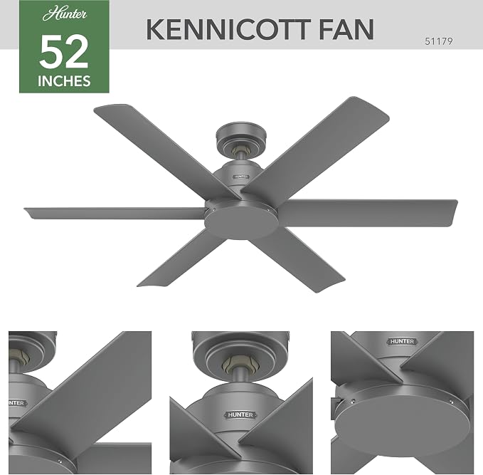 Hunter Kennicott, Outdoor or Indoor, Ceiling Fan, 52 inch, Matte Silver | No Light, Standard Mount, Wall Control, 6 Blades, For Living Room, Patio, Porch, Garage, 51179