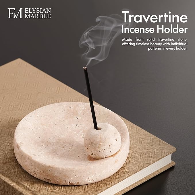Incense Holder for Sticks, Natural Marble Incense Burner Ash Catcher Plate for Palo Santo, Sage, Meditation, Yoga and Home Decor - Travertine