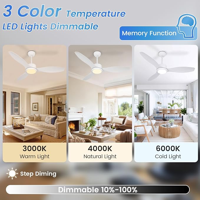 48 inch White Ceiling Fans with Lights and Remote, Modern Ceiling Fan with 3 Blades, Quiet Reversible DC Motor, 3 Color Dimmable Lights,6 Speed, for Bedroom Living Room Indoor Outdoor Patios