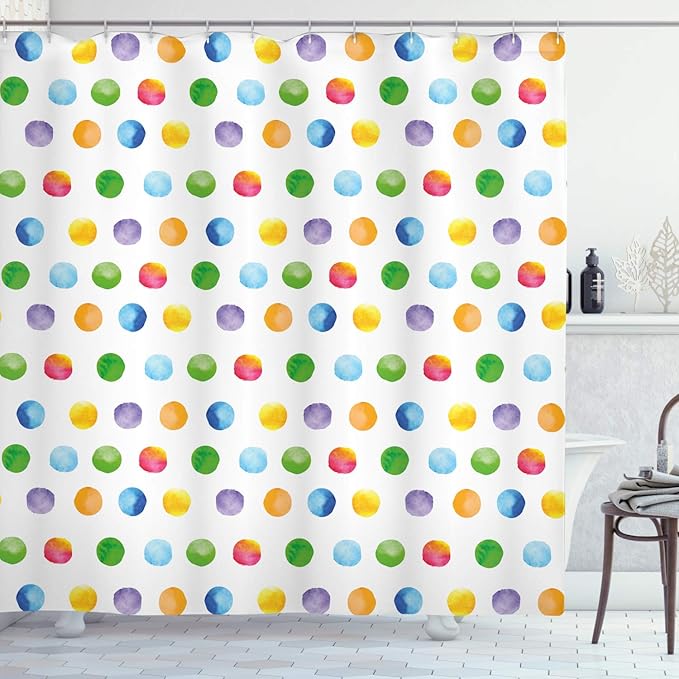 Ambesonne Abstract Shower Curtain, Big Polka Dots Colorful Circles Watercolor Paintbrush Modern Art, Cloth Fabric Bathroom Decor Set with Hooks, 69" W x 75" L, Multicolor White