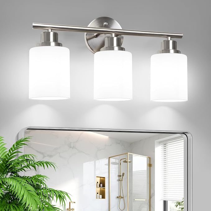 Unicozin 3 Light Bathroom Light Fixtures, Modern Vanity Lights with Milky Glass Shade, Brushed Nickel Wall Lamp Over Mirror for Bathroom, Living Room, Cabinet, Bedroom, E26 Base