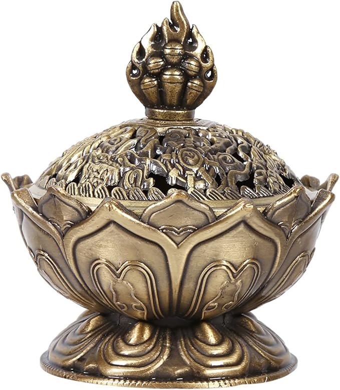 Vintage Backflow Incense Burner Bowl, Lotus Incense Holder Charcoal Censer Ash Catcher Stick Cone Reel Incense for Powder Cone or Coil Incense (Bronze)