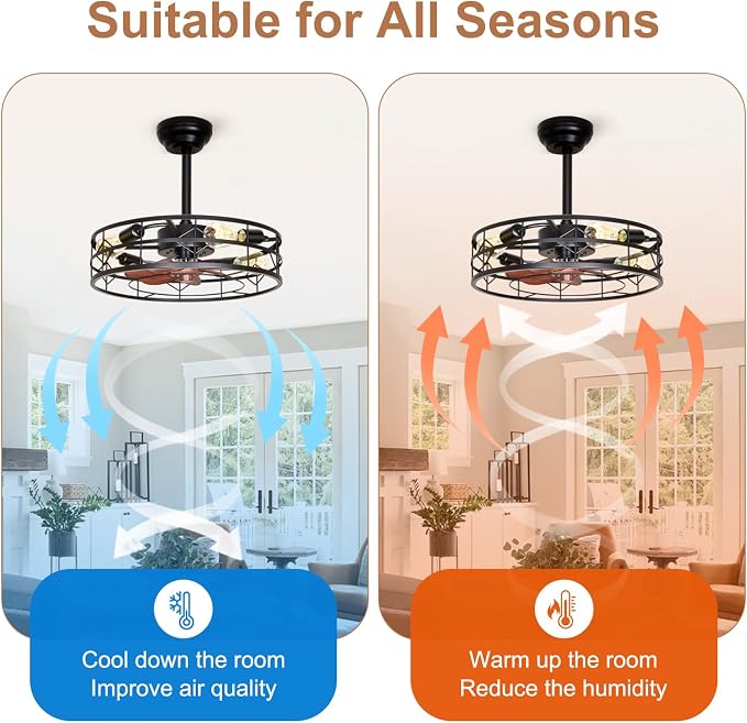 TCL 20 Inch Caged Ceiling Fans with Lights and Remote, Low Profile Flush Mount Fandelier, Rustic Farmhouse Style Ceiling Fans for Bedroom,Kitchen,Living Room,Easy to Install