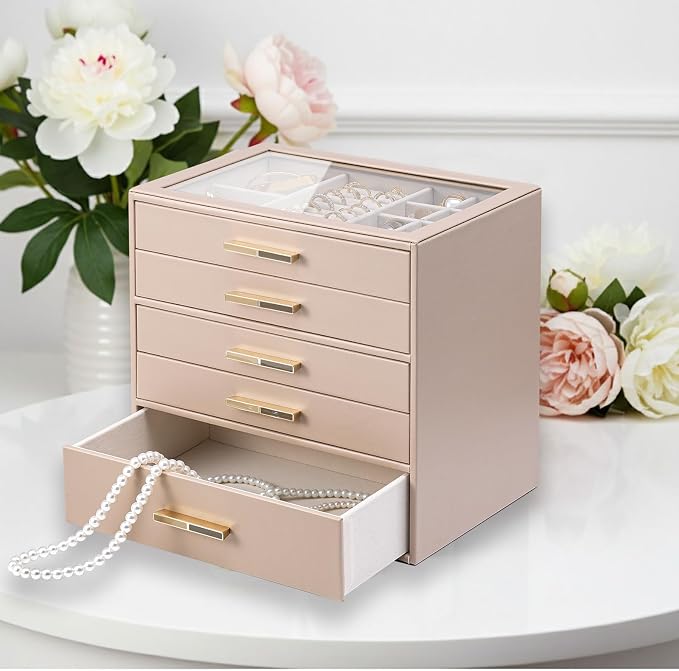 VLANDO 5-Drawer Jewelry Box with Glass Lid, Faux Leather Organizer for Rings Earrings Necklaces and More, Gift-Ready Jewelry Case for Women Girls or Moms, Latte
