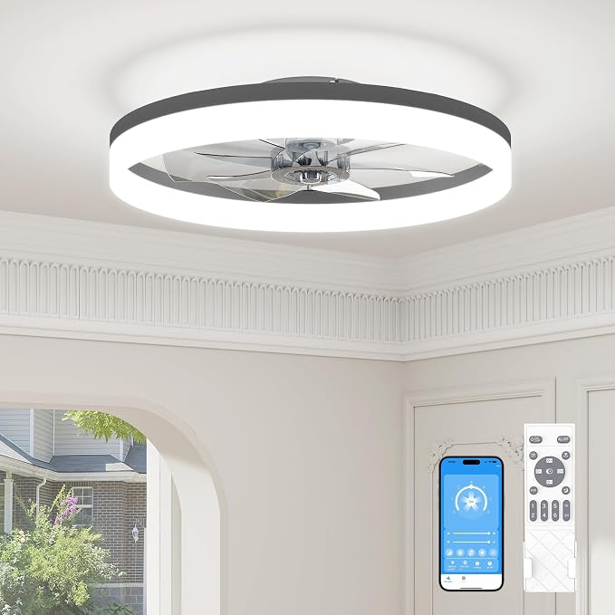 VOLISUN Low Profile Ceiling Fans with Lights and Remote, 23.6in Fandelier Ceiling Fan with Light, 3000K-6500K Dimmable Bladeless LED Fan Light, Black Flush Mount Ceiling Fans with Lights for Bedroom