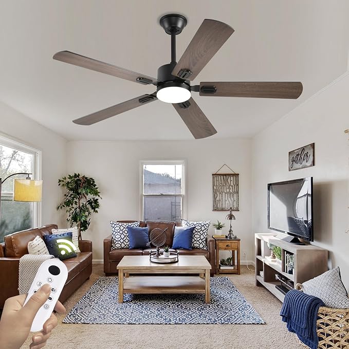 FUMLTP 52 inch Modern Ceiling Fans with Lights APP/Remote Control, Low Profile Reversible 6 Speeds Dimmable Ceiling Fan Light for Indoor/Outdoor Bedroom Living Room（Brown）