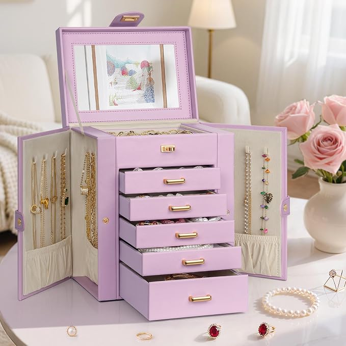 AKOZLIN 6-Tier Jewelry Box Organizer Functional 5 Drawers Leather Jewelry Storage Case for Women Girls Ring Necklace Earring Bracelet Holder Organizer with Mirror Light Purple Regular