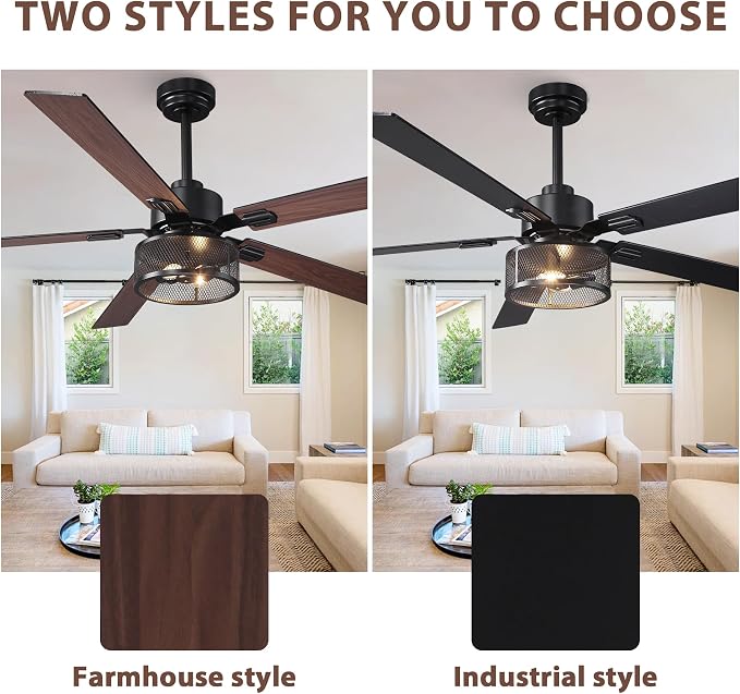 60 Inch Farmhouse Ceiling Fans with Lights, Rustic Ceiling Fan with Remote and APP Control, 5 Dual Finish Blades, 6-Speed Quiet Reversible DC Motor with Timer for Kitchen Living Room Patio