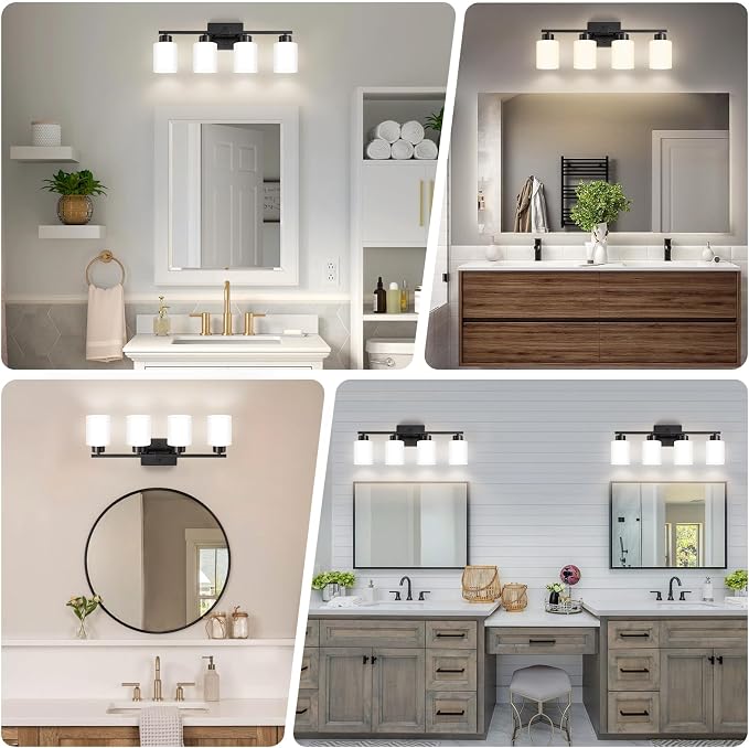 FonmYim Black Bathroom Light Fixtures, 4-Light Modern Vanity Light Over Mirror, Wall Sconces with Milky White Frosted Glass Shades, E26 Socket (Bulbs Not Included)