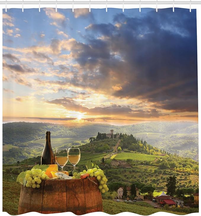 Ambesonne Winery Shower Curtain, Vineyard in Chianti Tuscany Italy Autumn Sunrise Dramatic Clouds, Cloth Fabric Bathroom Decor Set with Hooks, 69" W x 84" L, Lime Green