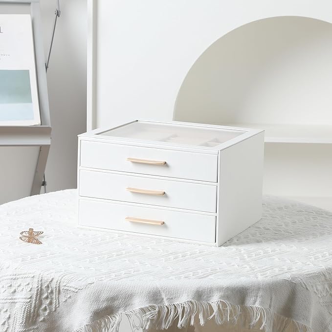 Frebeauty Jewelry Box for Women,Clear Lid Jewelry Organizer with 3 Drawers | Faux Leather,Velvet Lining,3 Layers,Jewelry Storage for Ring Earring Stud,Dustproof Design,Gift Choice,Golden Stylish Handle
