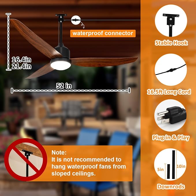 Depuley Outdoor Ceiling Fan with Light: 52 Inch Gazebo Fan Outdoor Hanging - Plug in Fan for Patio Waterproof - Dimmable Fans with Lights Remote App Control - Walnut