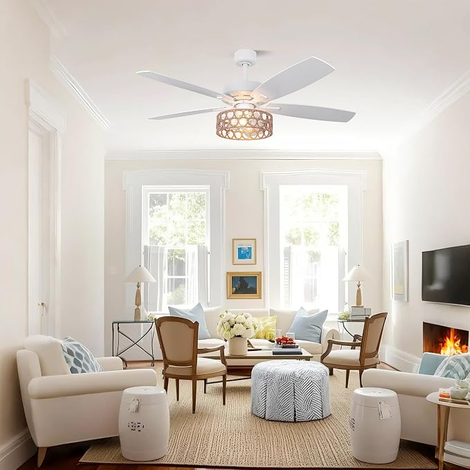 52 Inch Farmhouse Ceiling Fan with Light and Remote, Vintage Caged Ceiling Fan for Living Room, 6-Speed Adjustable & Reversible Quiet DC Motor, Dual Finish 5 Blades, White