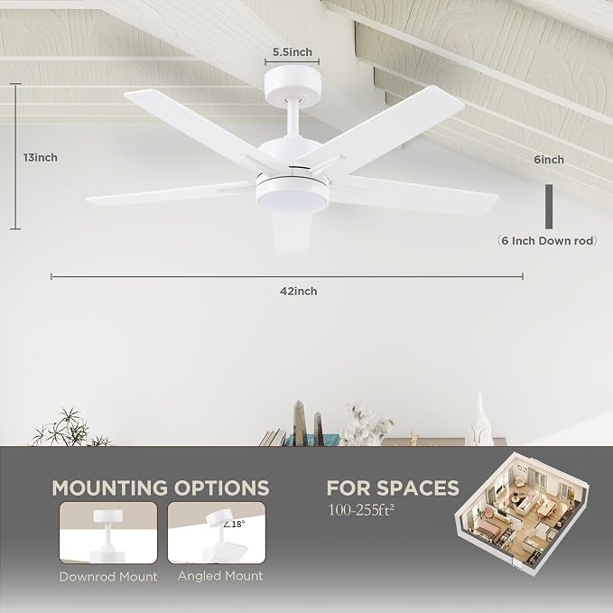 Ceiling Fan 42'' with Light: Matte White Fans with Remote Control - Quiet Reversible DC Motor - Light Memory Function & 3CCT Dimmable for Dining Room Bedroom