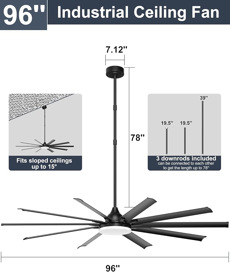 Ohniyou 96" Industrial Ceiling Fan with Bright Lights, High CFM Shop Fan | Remote/App Control, 10 Aluminum Blades, Extra Large Metal Fan for Covered Patio, Gym, Warehouse, Black