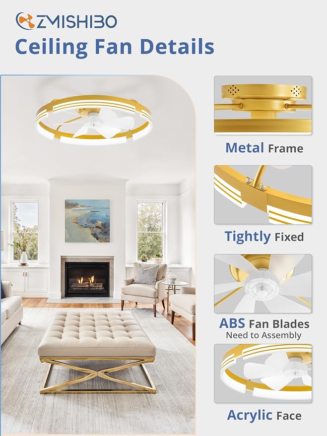 ZMISHIBO 24 Inch Low Profile Ceiling Fans with Lights and Remote, 3000K-6000K Dimmable Fandelier LED Fan Light, Flush Mount Ceiling Fan with Light, 6 Wind Speeds Ceiling Fans for Bedroom- Gold