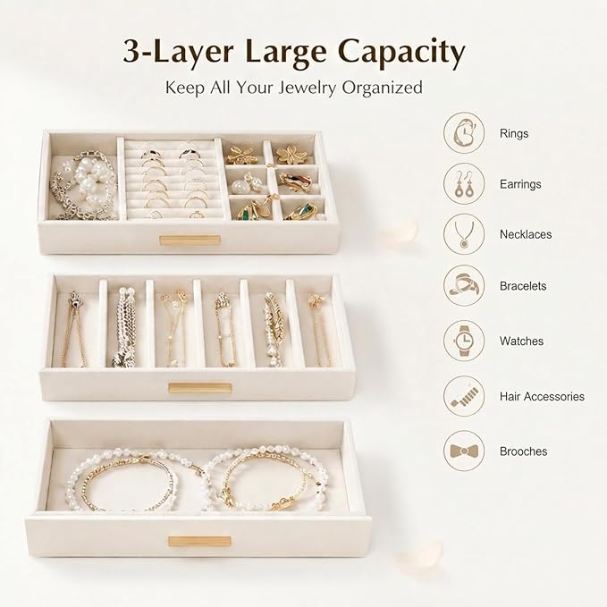 GUOER Jewelry Box for Women, Glass Lid Jewelry Organizer with 3 Drawers PU Jewelry Storage Case for Necklaces Rings Earrings Bracelets, Mother's Day, White
