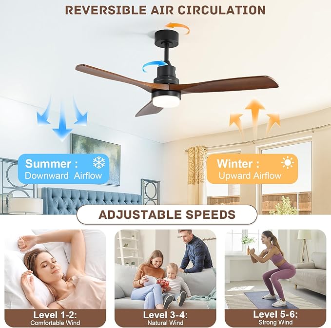 Sofucor Smart Ceiling Fan with Light, 52 Inch Solid Wood Ceiling Fans with Lights and Remote,Work with Alexa/Google, Low Profile Indoor/Outdoor Ceiling Fan, Quiet DC Motor, for Bedroom Patio Farmhouse