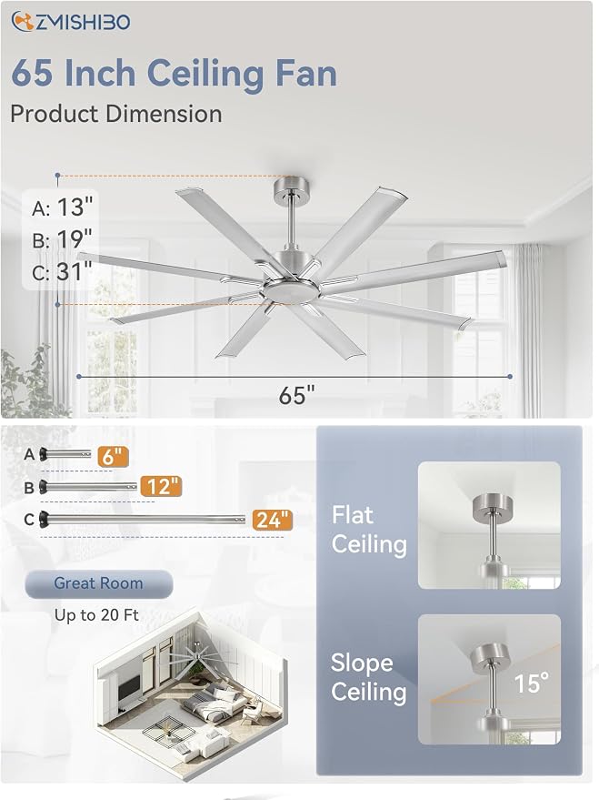 ZMISHIBO 65 Inch No Light, Large Industrial Ceiling Fan with 8 Aluminium Blades, Quiet DC Motor, 6 Speeds, Modern Ceiling Fan without Light for Garage/shop/living room,Nickel