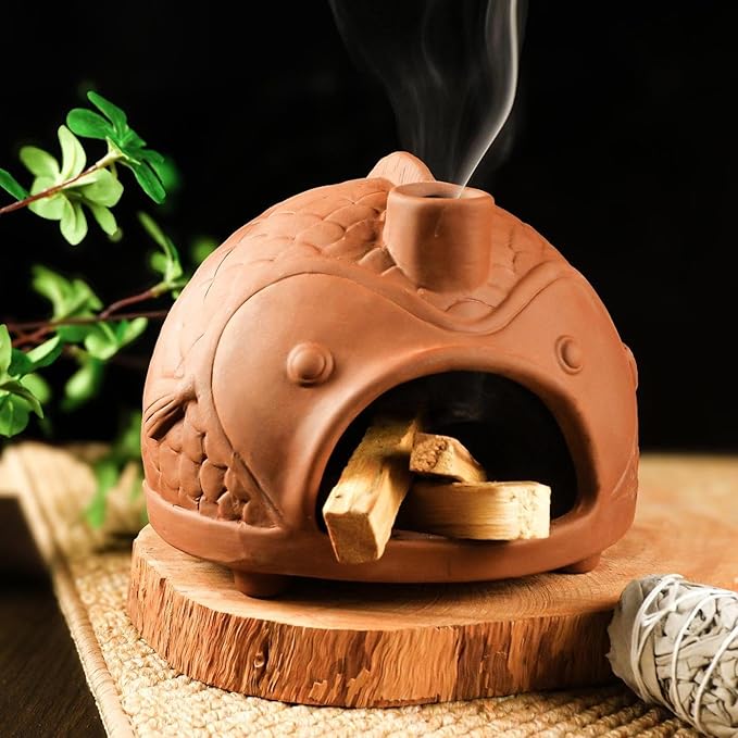 MOUGIGI Large Fish-Shaped Terracotta Palo Santo Holder - Cone Burner for Sage,Chiminea Incense Dish with Chimney,Ideal for Meditation, Zen, Yoga, Spa & Wellness | Anxiety & Stress Relief Items
