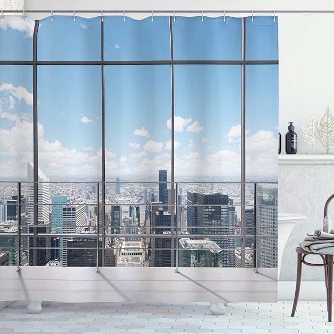 Ambesonne Urban Shower Curtain, Modern Office Work Place View to City Architecture Contemporary Plan, Cloth Fabric Bathroom Decor Set with Hooks, 69" W x 70" L, Grey White Blue