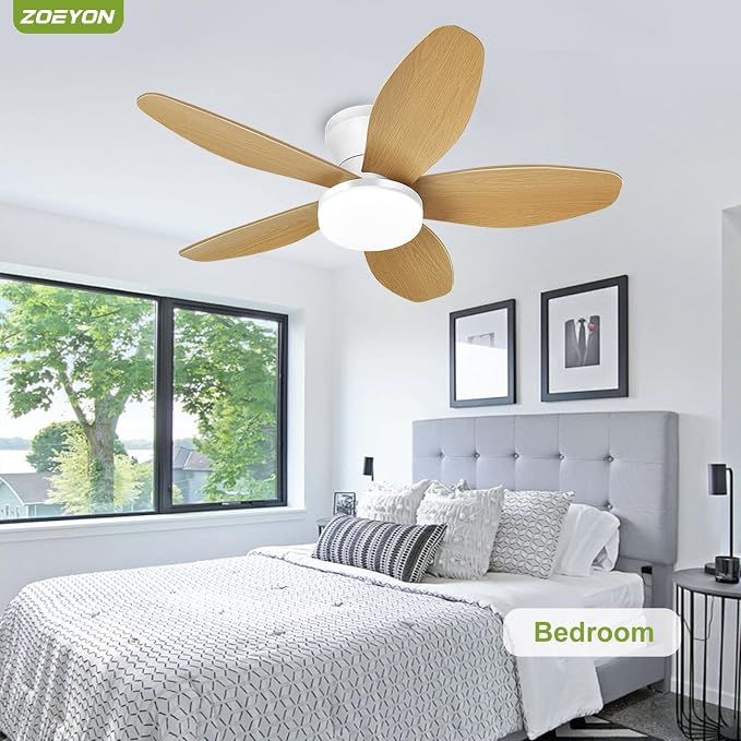 Small Ceiling Fan with Light - 35 Inch Flush Mount Ceiling Fan with Lights and Remote, Low Profile Ceiling Fans with 5 Reversible Blades, 6 Wind Speeds, White&Wood Ceiling Fans for Bedroom