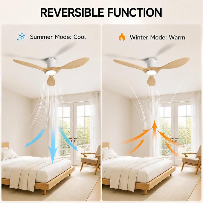 Skylike 42" Flush Mount Wood Ceiling Fan with Lights, 3 Blade Low Profile Farmhouse Ceiling Fan with Remote Control,Quiet Indoor/Outdoor Light Walnut Ceiling Fan for Patio,Gazebo, Balcony, Living Room