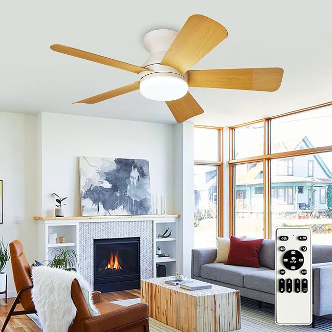 Depuley Modern Ceiling Fan with Light: 35-Inch White Small Fans for Bedroom Indoor Outdoor - Dimmable Low Profile Ceiling Fans with Remote Control Flush Mount 5 Reversible Wood Blades 6 Speeds Timer