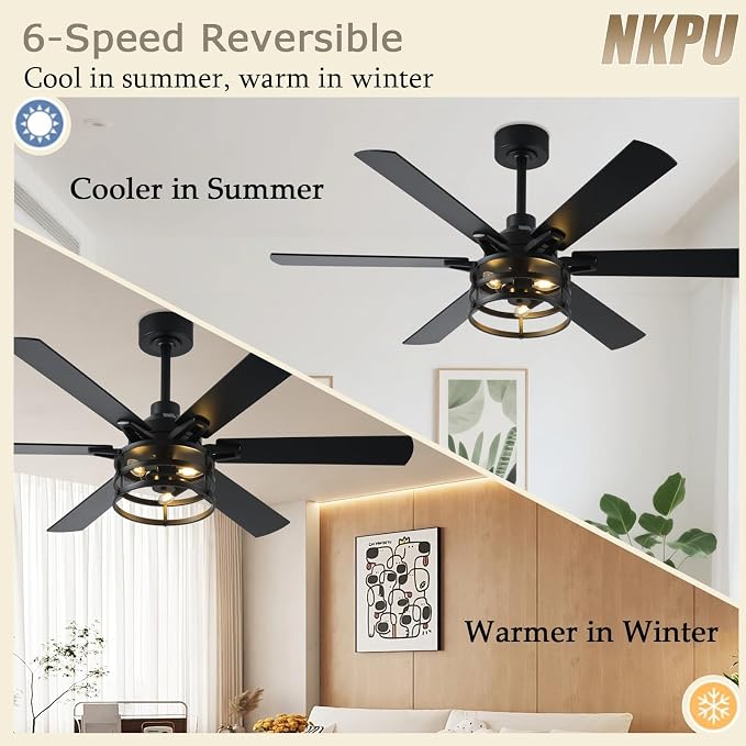 NKPU 52 Inch Farmhouse Ceiling Fan with Light and Remote, Black Industrial Caged Rustic Ceiling Fan with 6 Speed Reversible Motor and Dual Finish 6 Blades, Rustic Ceiling Fan for Living