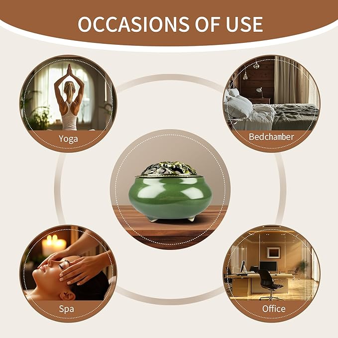 Ceramic Incense Burner, Bowl Burner,Cone Incense Burner with Brass lid for use with Stick or Cone-Shaped Incense，Lotus Incense Stick Holder Calabash Incense Stick Holder, 3pc (Dark Green)