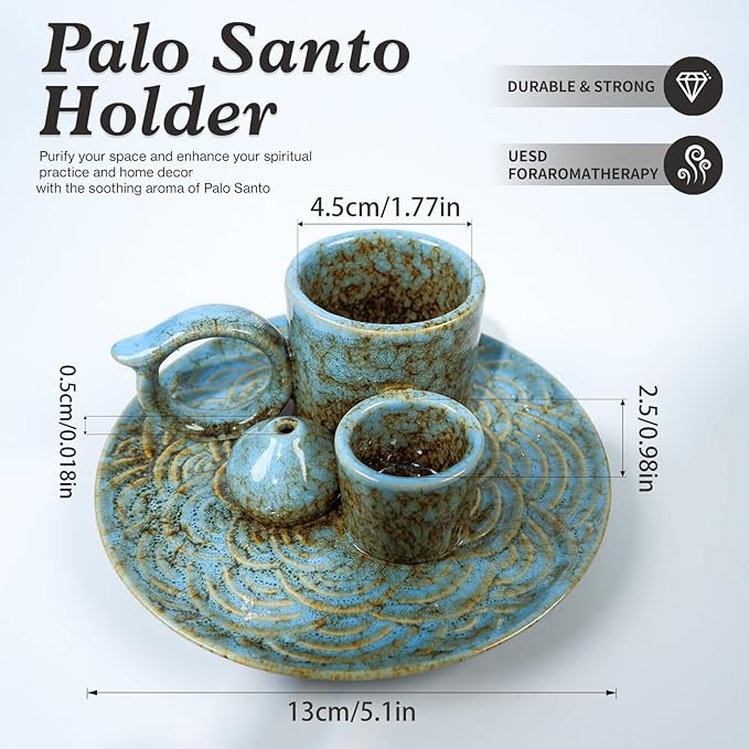 MOUGIGI 5-in-1 Ceramic Palo Santo Burner Holder Blue -Small Candle Holder & Smudge Burning Tray Bowl,Fits Incense Sticks/Cones, Sage.Zen Altar for Meditation Room, Aromatic Scents, Matches Compatible