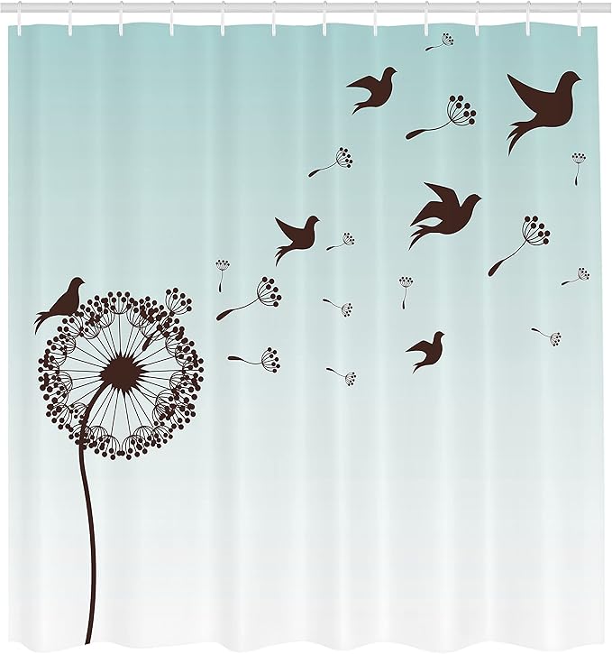 Ambesonne Art Shower Curtain, Dandelion Flower Arrangement Petals Doves Flying Silhouettes Fantasy Blooms Print, Cloth Fabric Bathroom Decor Set with Hooks, 69" W x 75" L, Turquoise Brown