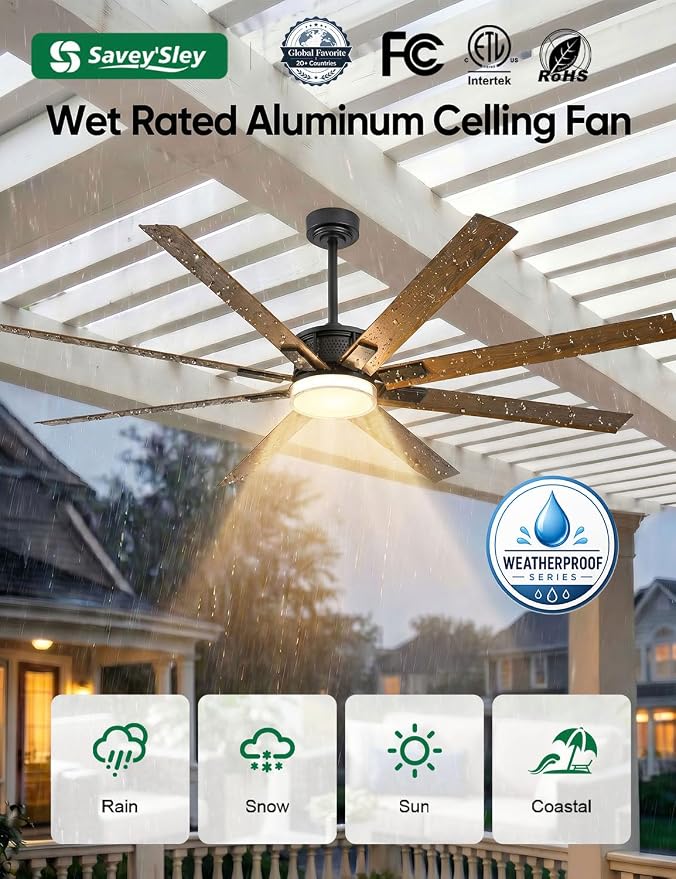 72 Inch Wet Rated Outdoor Ceiling Fans with Light for Patios, All-Weather, Large Airflow 8 Waterproof Aluminum Blades, Smart Alexa/App/Remote Control, Quiet DC Motor for Exterior Pergola Porch Garage