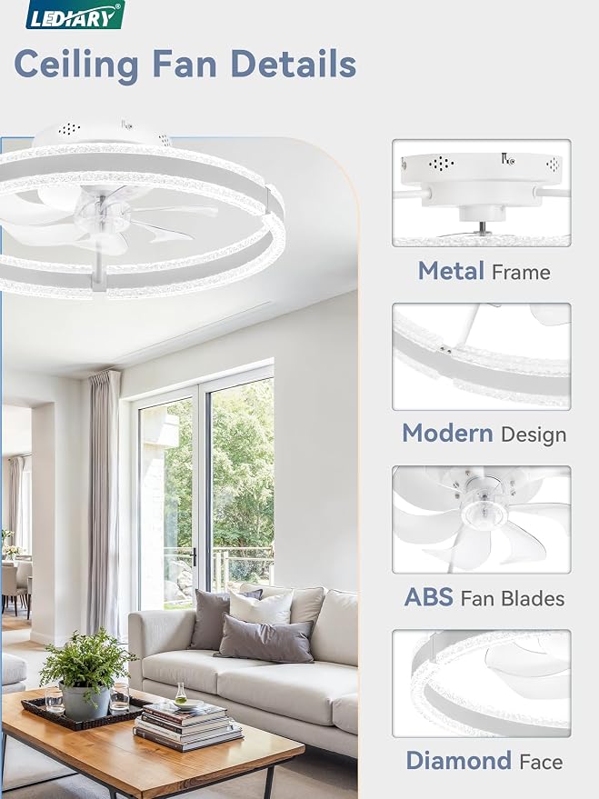 LEDIARY 20" Ceiling Fans with Lights and Remote, White Low Profile Ceiling Fan with Light, 3000-6000K Dimmable Fandelier Ceiling Fans, Modern Flush Mount Fan Light for Bedroom-2 Pack