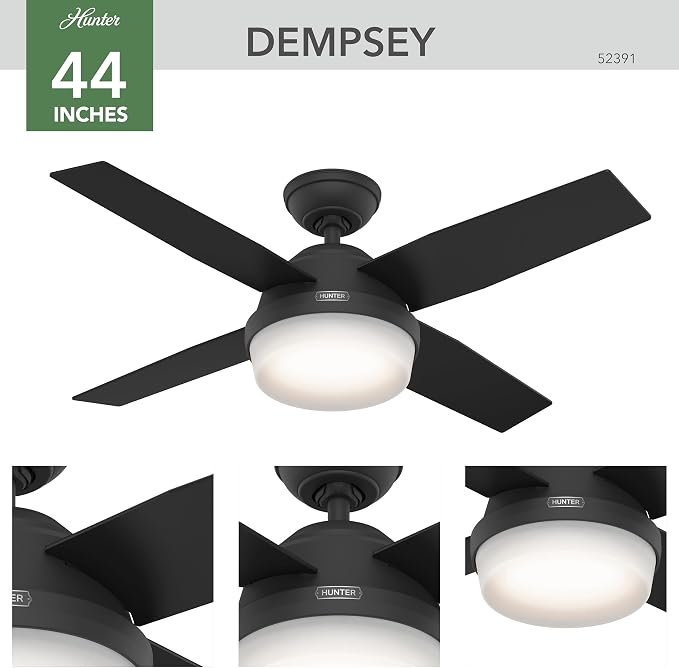 Hunter Dempsey, Indoor, Ceiling Fan, Modern, 4 Blades, 44 inch, Matte Black | with LED Light and Remote Control, Standard Mount, For Bedroom, Living Room, Kitchen, 52391